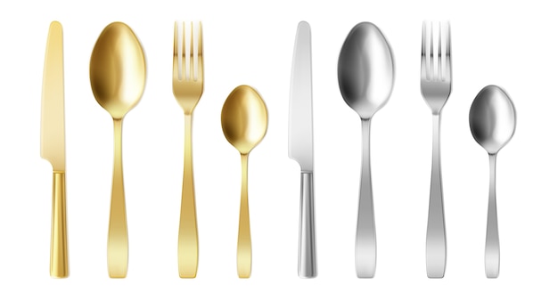 Posate 3d di forchetta, coltello e cucchiaio color oro e argento.