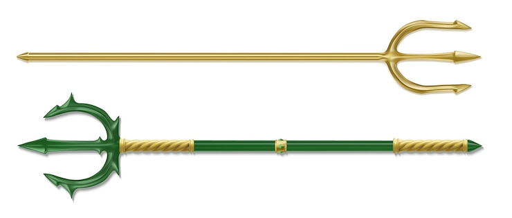 Vettore gratuito poseidon tridenti dio marino nettuno arma forconi color oro e verde decorati con falsi ornamentali e gemme isolate