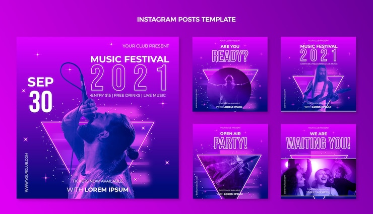 Vettore gratuito post di instagram del festival musicale colorato sfumato