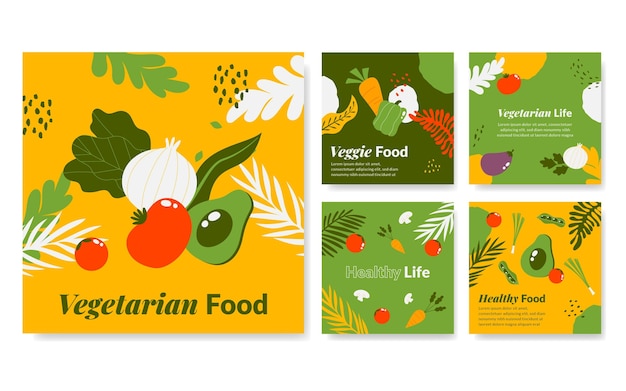 Post di instagram di cibo vegetariano design piatto disegnato a mano