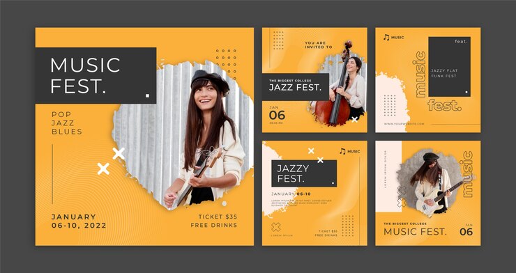 Vettore gratuito post di instagram festival di musica minimal design piatto