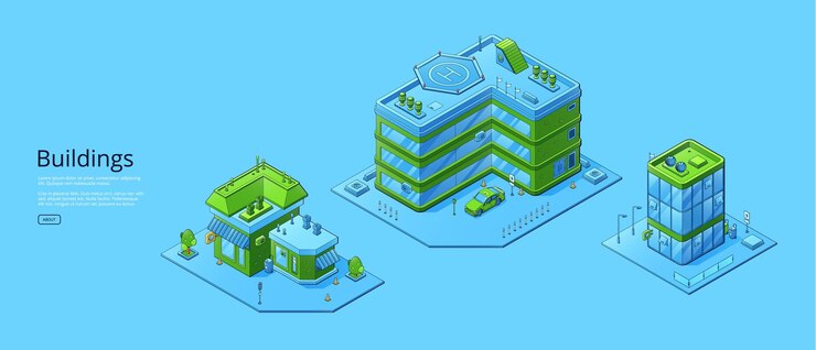 Vettore gratuito poster con edifici isometrici della città moderna