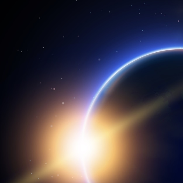 Poster decorativo spaziale con luce da dietro del pianeta terra e bella linea lucida come coda di una cometa
