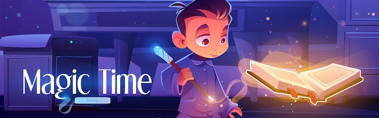 Vettore gratuito poster del tempo magico con ragazzo con libro degli incantesimi
