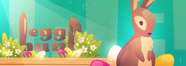 Poster di caccia alle uova di Pasqua con coniglietto e fiori