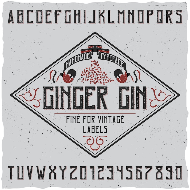Vettore gratuito poster di carattere tipografico di gin allo zenzero con decorazione su illustrazione di design semplice etichetta