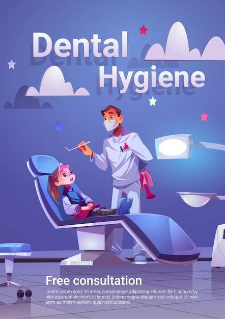 Poster di cartoni animati per l'igiene dentale bambino e dottore