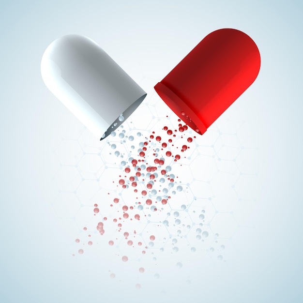 Poster di design medico con capsula medicinale originale composta da parti rosse e bianche