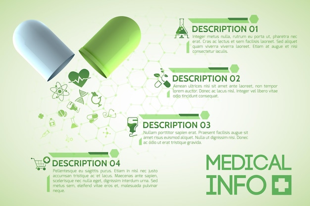 Poster di design medico con capsula medicinale originale composta da parti verdi e bianche