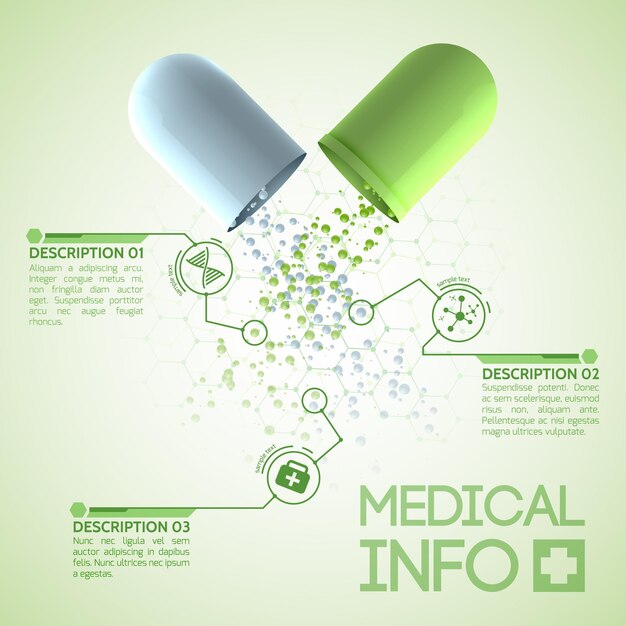 Poster di design medico con capsula medicinale originale composta da parti verdi e bianche