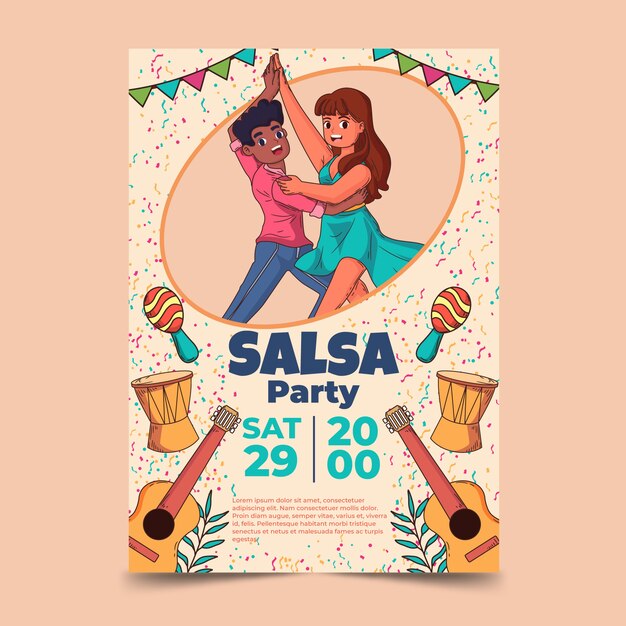 Poster di festa di salsa design piatto disegnato a mano