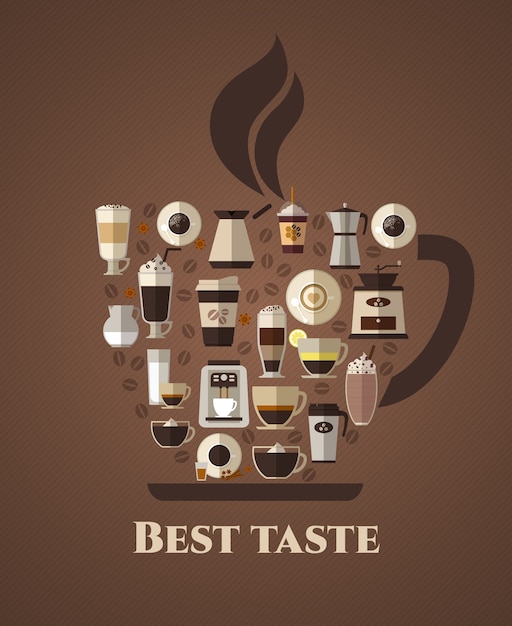 Poster di miglior gusto del caffè. Latte e da asporto, moka e coffeshop, americano e cappuccino, espresso e aroma, fagioli.