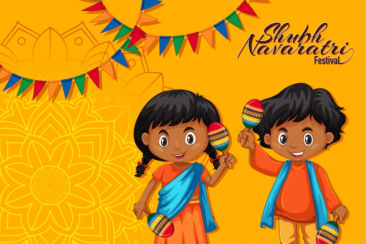 Vettore gratuito poster di navaratri con bambini che tengono maracas