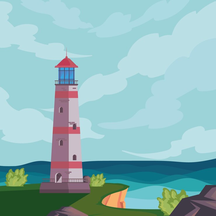 Vettore gratuito poster di paesaggio oceanico con un faro