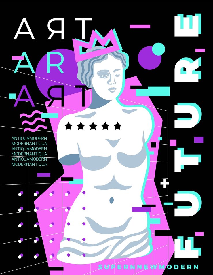 Vettore gratuito poster di statue antiche con immagine in stile pop art di testo modificabile scultura di venere e figure geometriche illustrazione vettoriale