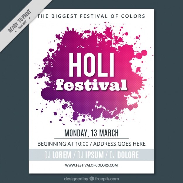 Vettore gratuito poster festival holi con macchie di vernice
