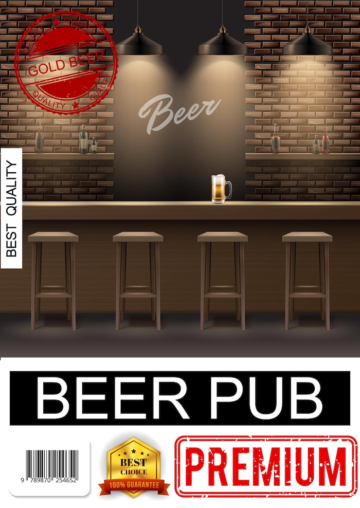 Vettore gratuito poster interno pub realistico con sedie bicchiere di birra sul bancone del bar e bottiglie di alcol sugli scaffali