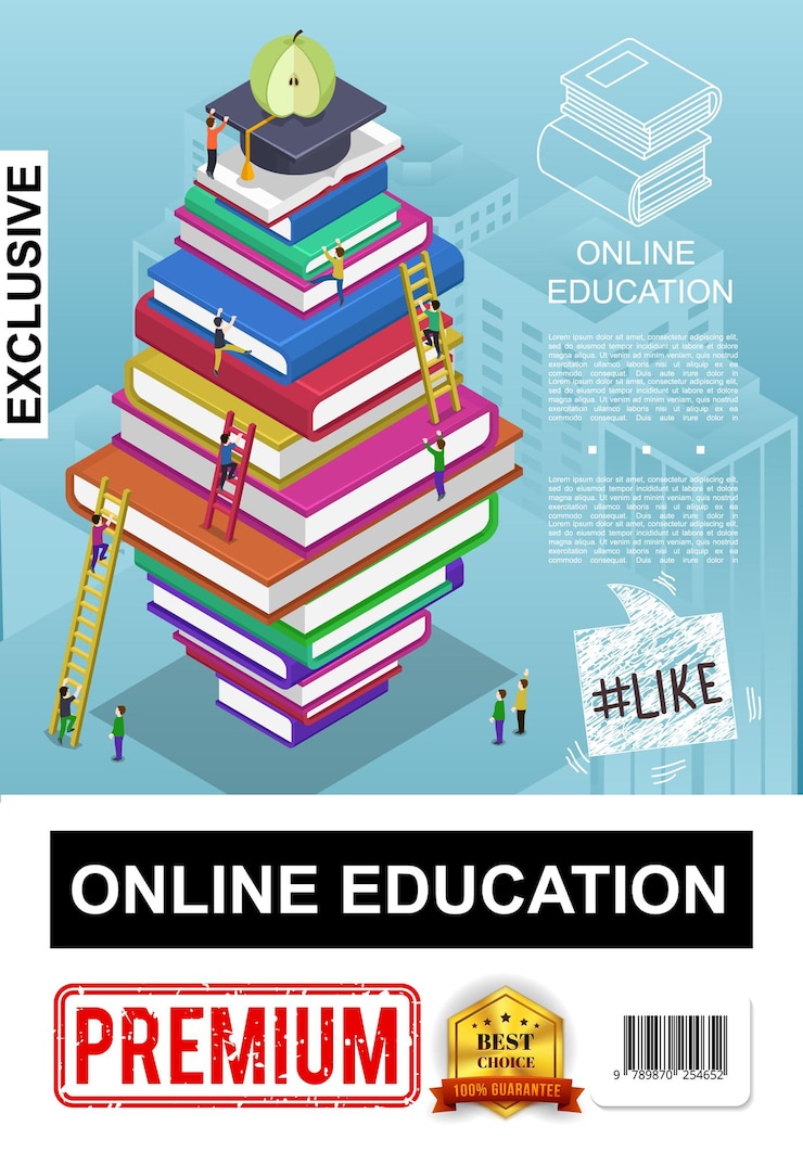 Vettore gratuito poster isometrico di istruzione online con persone salire le scale su una pila di libri cappello di laurea e mela in cima all'illustrazione della pila