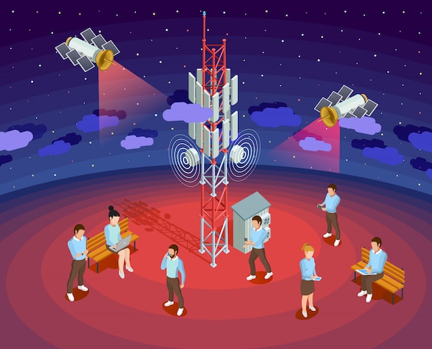 Poster isometrico di satelliti di tecnologia pubblica wireless