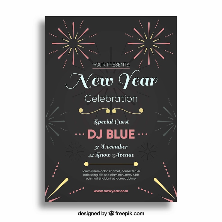 Vettore gratuito poster nero per il partito del nuovo anno con semplici fuochi d'artificio