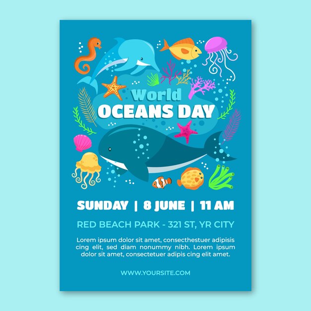 Poster o volantino piatto disegnato a mano della giornata mondiale degli oceani