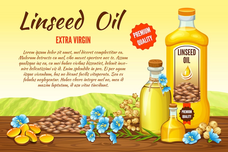 Vettore gratuito poster olio di semi di lino, semi e fiori.