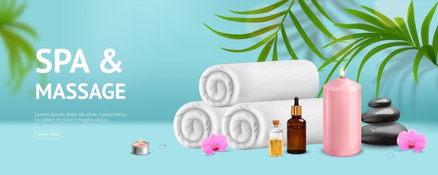 Poster orizzontale con annunci spa realistici con testo modificabile foglie esotiche asciugamani fiale di olio aromatico e illustrazione vettoriale di candela