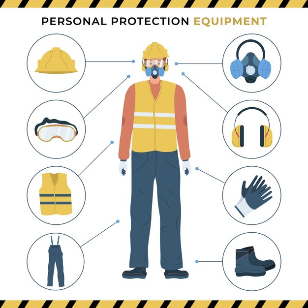 Poster piatto di dispositivi di protezione individuale con lavoratore che indossa respiratore elmetto protettivo per le orecchie occhiali e abbigliamento protettivo illustrazione vettoriale