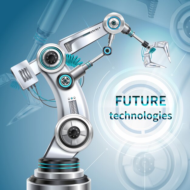 Poster realistico del braccio robotico con i futuri simboli della tecnologia