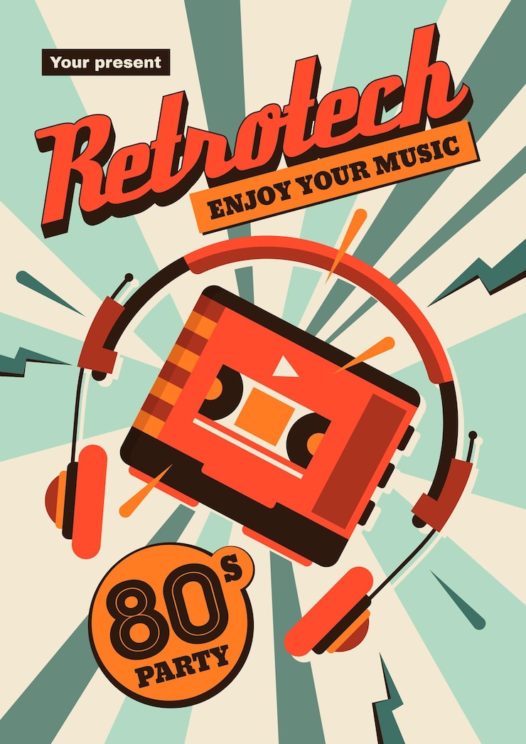 Vettore gratuito poster verticale con tecnologia retrò con immagini colorate di cassetta e cuffie con illustrazione vettoriale di testo decorato vintage anni '80