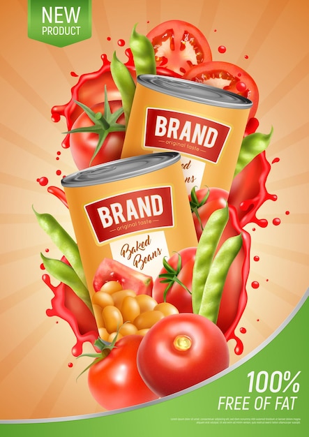 Poster verticale realistico con due barattoli di fagioli e pomodori al forno naturali