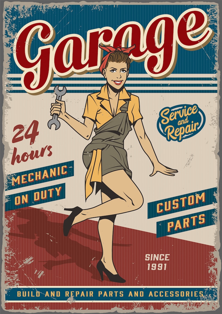 Vettore gratuito poster vintage di servizio di riparazione garage retrò