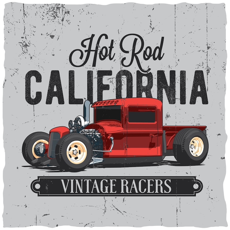 Vettore gratuito poster vintage hot rod california per la progettazione di etichette per t-shirt e biglietti di auguri