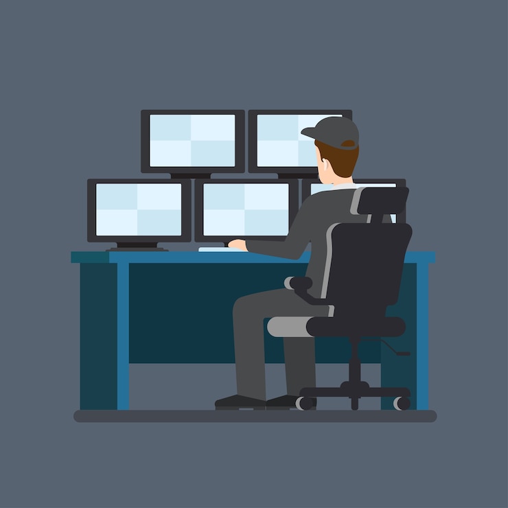 Vettore gratuito posto di lavoro della tabella del monitor della macchina fotografica della stanza della guardia di sicurezza. oggetti sul posto di lavoro dell'uomo relativi al lavoro professionale moderno stile piano. stock di pc portatile del telefono della scatola della vetrina. le persone lavorano insieme.