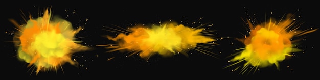 Powder Holi dipinge arancione, oro, nuvole esplosive gialle, schizzi di inchiostro, colorante vibrante decorativo per festival isolato sul nero