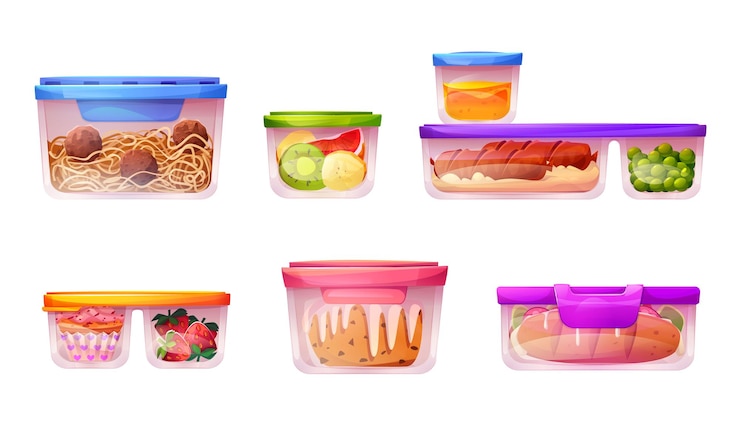 Vettore gratuito pranzo in plastica contenitore per la conservazione degli alimenti icona illustrazione vettoriale confezione di vetro di frutta e verdura cotta isolata per il set di clipart dei cartoni animati da picnic rimanenze preparate con dessert di insalata e polpetta di carne