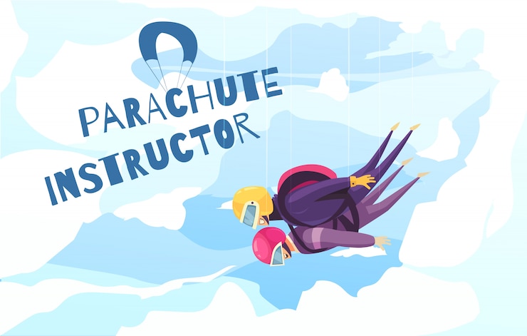 Vettore gratuito pratica di paracadutismo con la pubblicità astratta piatta di istruttore professionista con nuvole di salto in paracadute in tandem