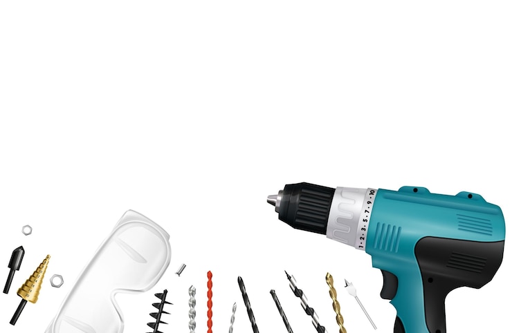 Vettore gratuito pratica perforatrice con set di diverse punte da trapano e occhiali di sicurezza composizione realistica illustrazione vettoriale