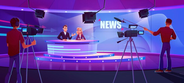 Presentatori televisivi che trasmettono notizie in un moderno studio televisivo con cameraman, apparecchiature luminose e terra su un enorme schermo panoramico. Anchorman e programma di cronaca giornalistica, illustrazione vettoriale dei cartoni animati