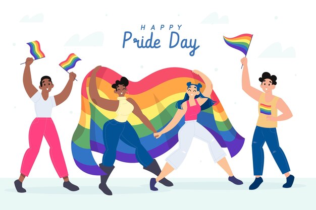 Pride day people with rainbow flags