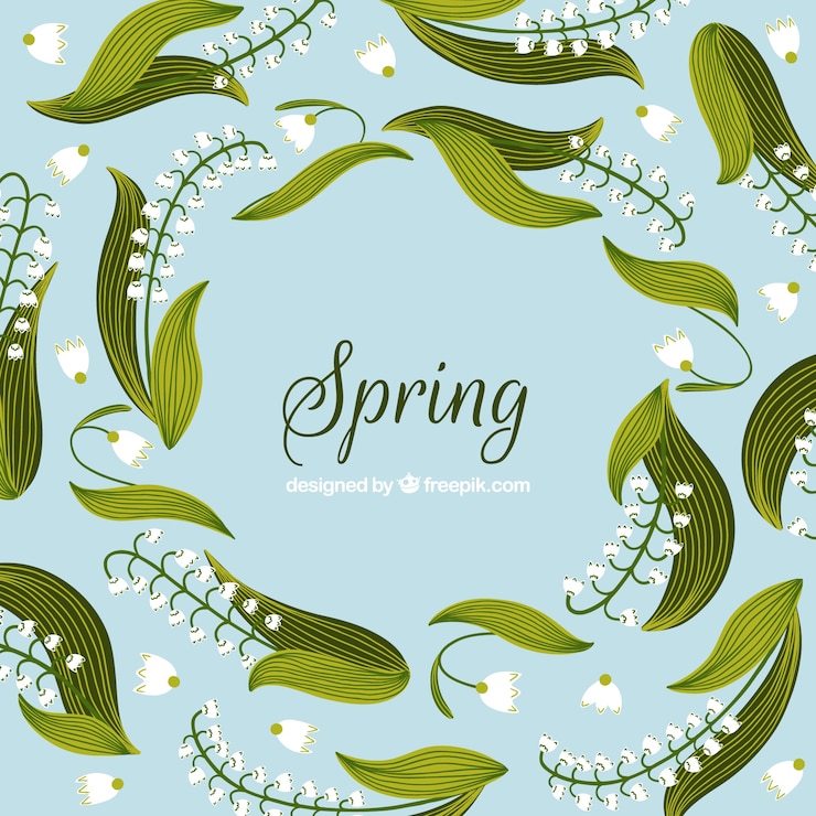 Vettore gratuito primavera sfondo con foglie verdi e fiori bianchi