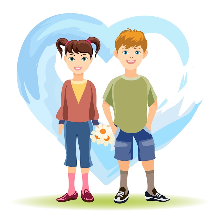 Vettore gratuito primo concetto di amore. ragazzo e ragazza con fiori su sfondo di cuore blu
