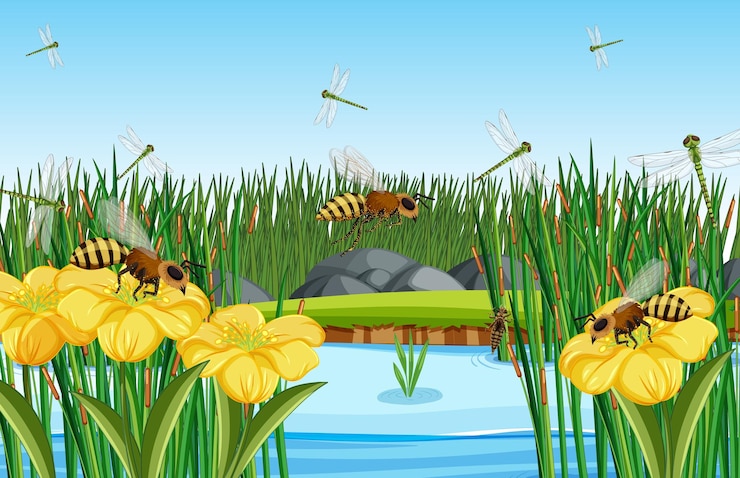 Vettore gratuito primo piano scena di fiori e foglie con molte api e libellule
