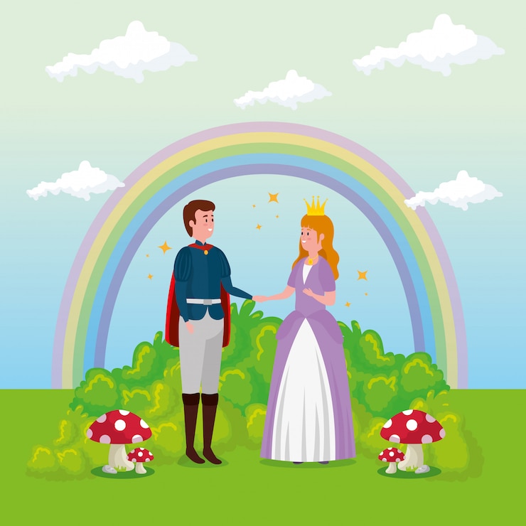 Vettore gratuito principessa con il principe nella scena da favola
