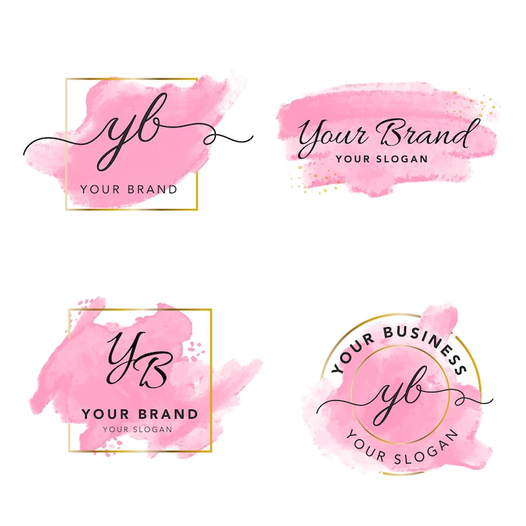 Vettore gratuito printwatercolor splash logo branding modello di design in oro con logo di lusso femminile badge set di pennelli in oro rosa