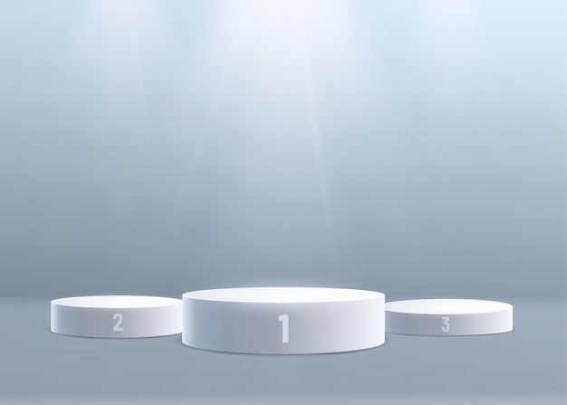Priorità bassa del podio 3D con luce dall'alto. primo, secondo e terzo posto. Designazione numerica.