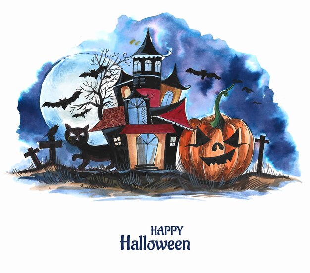 Priorità bassa delle zucche dell'acquerello della casa spettrale di Halloween