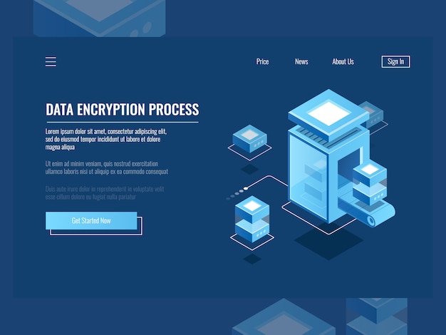 Processo di crittografia dei dati, protezione delle informazioni digitali, sala server, archiviazione cloud