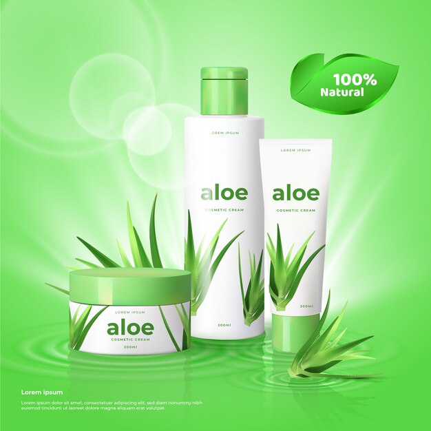 Prodotti per la cura della pelle con pubblicità di cosmetici all'aloe