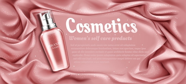 prodotto cosmetico di bellezza naturale per la cura del viso o del corpo su tessuto drappeggiato di seta rosa